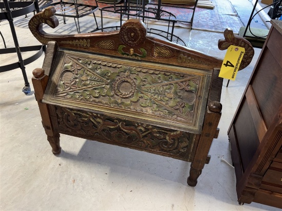 CARVED WOODEN CHEST, 34" X 16" X 24"H USABLE SPACE