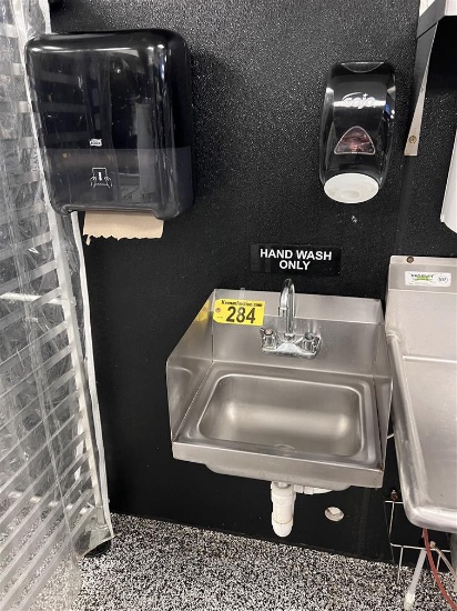 S/S 14" HAND SINK W/ SOAP & PAPER TOWEL DISPENSERS, 8" BACKSPLASH
