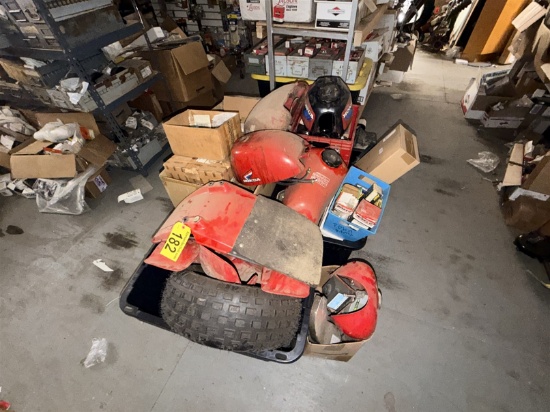 LOT OF ASSORTED MOTORCYCLE & ATV COWLINGS, AIR FILTERS, TIRE