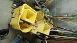 (3) ROLLING MOP BUCKETS W/WRINGERS AND (6) WOOD HANDLED MOPS