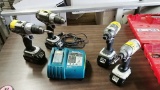 (4) CORDLESS LIGHTED MAKITA DRILLS WITH (2) CHARGERS IN RED HILTI CASE