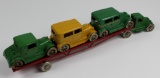 VINTAGE ARCADE CAR HAULER TRUCK AND TRAILER AND 3 CARS