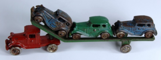 VINTAGE AC WILLIAMS CAST IRON CAR HAULER 12" WITH 3 AUSTIN CARS