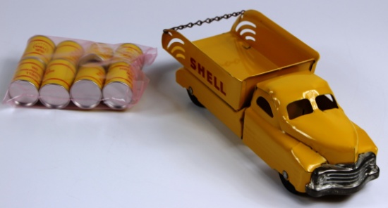 VINTAGE BUDDY L SHELL TRUCK 13" YELLOW 1940s PRESSED STEEL