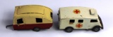 2 VINTAGE TRI-ANG MINIC TOYS - AMBULANCE AND TRAVEL TRAILER