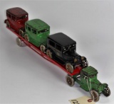 VINTAGE ARCADE CAST IRON CAR HAULER AND 3 CARS WITH DRIVERS 1930s