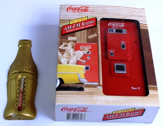 NEW COCA-COLA AM/FM RADIO & METAL THERMOMETER