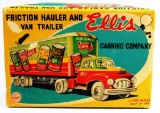 VINTAGE TIN ELLIS CANNING COMPANY FRICTION HAULER AND VAN TRAILER IN BOX