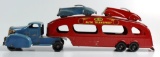 VINTAGE PRESSED STEEL MARX DELUXE AUTO TRANSPORT AND 3 CARS
