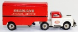 VINTAGE JAPANESE TIN LITHO OVERLAND FREIGHT SERVICE TRACTOR TRAILER