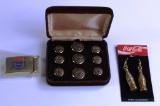 LOT OF COCA-COLA COLLECTIBLES - EARRINGS, BELT BUCKLE & BUTTONS