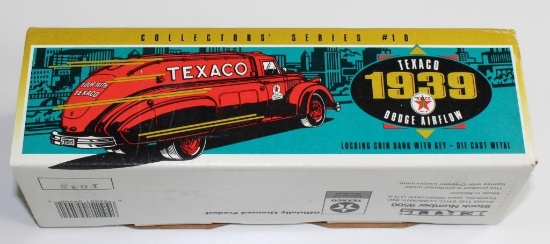 NEW, IN THE BOX: #10 TEXACO 1939 DODGE AIRFLOW COIN BANK WITH KEY