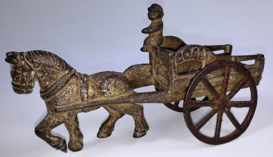 VINTAGE CAST IRON COAL WAGON WITH 1 HORSE AND BOY DRIVER
