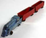 VINTAGE MARX? PRESSED STEEL TRAIN ENGINE AND 2 CARS