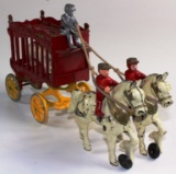 VINTAGE KENTON CAST IRON OVERLAND CIRCUS BEAR WAGON WITH DRIVER & RIDERS