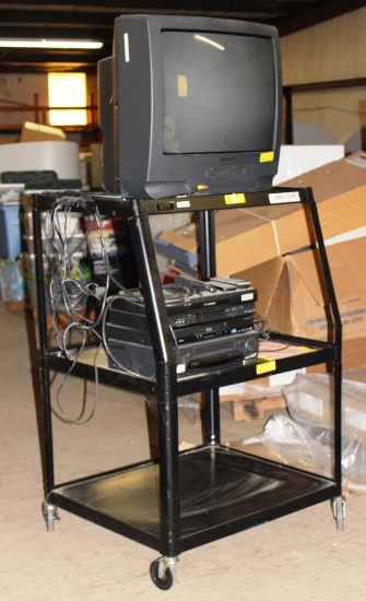 ROLLING AV CART WITH 2 VCRs, 1 DVD PLAYER AND TV WITH VCR