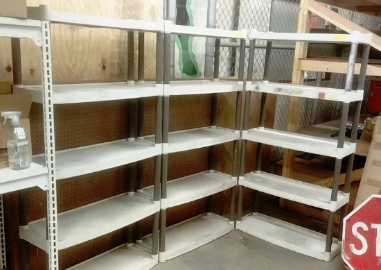 LOT OF 3 BEIGE AND GRAY PLASTIC STORAGE SHELVES