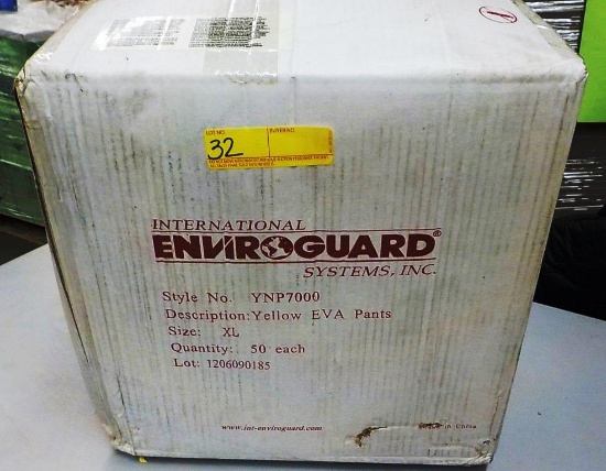 29 BOXES ENVIROGUARD YNP7000 YELLOW EVA PANTS - XL - 50 EACH PER BOX - LOT# 1206090185