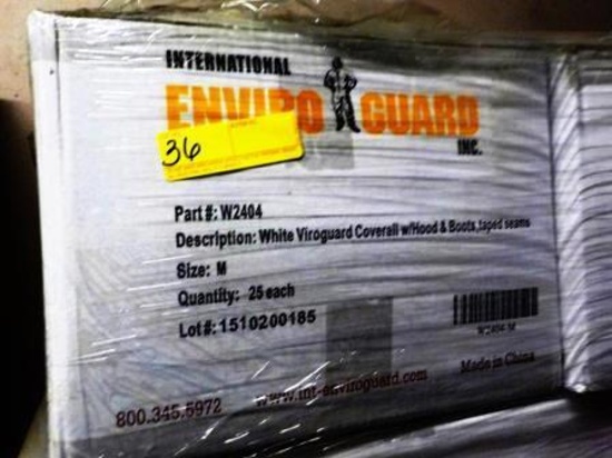 30 BOXES ENVIROGUARD W2404 WHITE VIROGUARD COVERALL WITH HOOD & BOOTS, TAPED SEAMS - M - 25 EACH PER