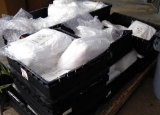 LARGE BOX OF LAB COATS, NITRILE GLOVES AND POLY BAGS