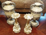 LOT OF 4 DECORATIVE PIECES: 2 PILLARS AND 2 URNS