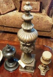 4 DECORATIVE PIECES: CANDLE, STAND, URN / STATUE & LOVING CUP