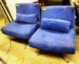 2 BLUE SUEDE ROTATING CHAIRS WITH CUSHIONS