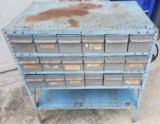 VINTAGE EQUIPTO BLUE METAL WORKTABLE WITH 18 GRAY METAL STORAGE DRAWERS