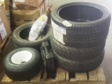 LOT OF TIRES, WHEEL, TIRE CHAINS & HEADLIGHT ASSEMBLY