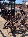 Pair of Iron Wheel Planters & Antique Hay Rake