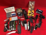 Box Lot of Asst Pocket Knives & Sheaths