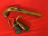 2pc Antique Powder Horns & Wood Pistol Stock