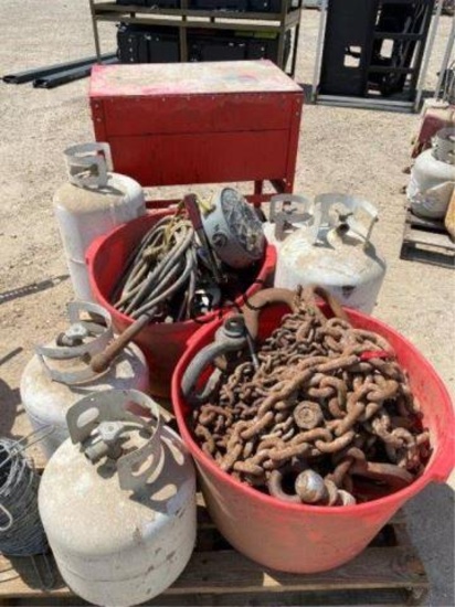 Pallet w/ Barbed Wire, Chains, Propane Tanks