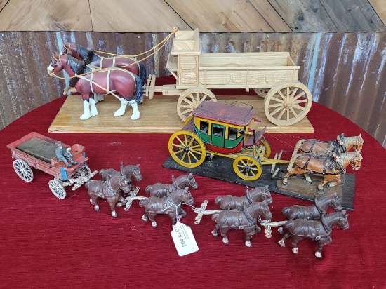 Lot of Horse Drawn Wagons (Cast Iron, 2 Wooden)