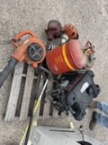 Pallet of Gas Cans, Generator, Weed Eaters, Blower