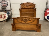 Heavily Carved Oak Full Size Bed and Rails