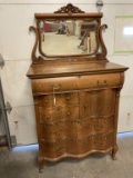 Oak Serpentine Highboy W/Hat Box & Beveled Mirror
