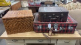 Lot of Vintage Suitcases and Wicker Box
