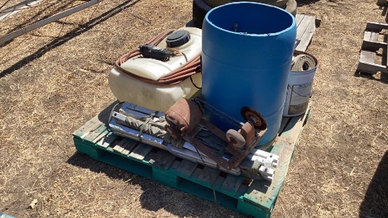Pallet with Sprayer, Grinder and Straps