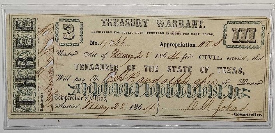 May 28, 1864 III $3 Treasury Warrant in Sleeve