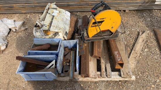 Pallet of Metal Pieces and Dewalt Chop Saw