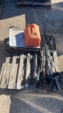 Pallet Lot of Fishing Rods, Gas Can, Cart