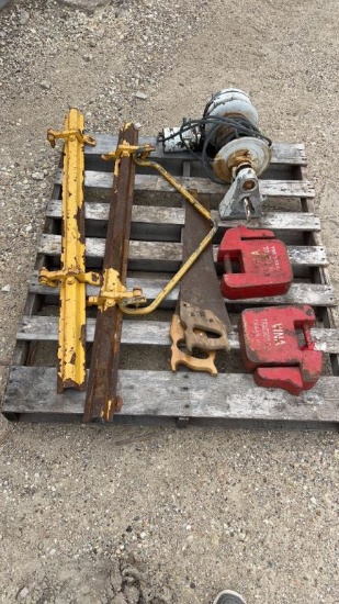 Pallet Lot of Tractor Weights, Saws, Wench