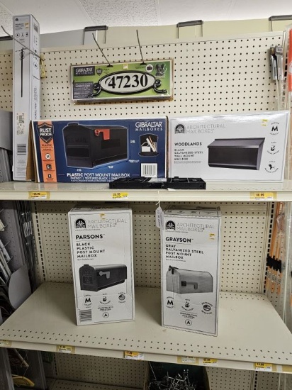 Shelf Lot of Assorted Mail Boxes and More