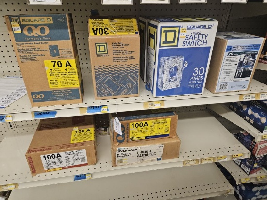 Shelf Lot of Assorted Circuit Breaker Boxes