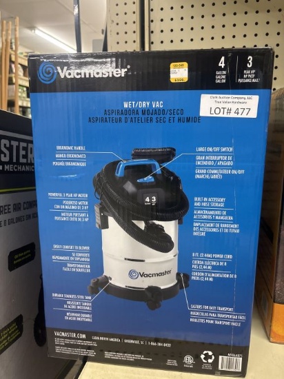 NEW Vacmaster 4-Gallon 3 HP Corded Wet/Dry Shop Va