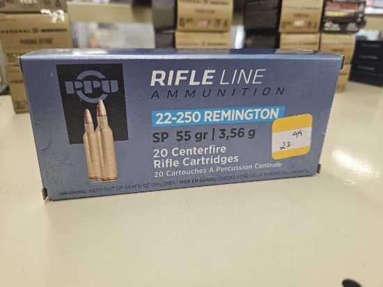 80rds PPU Rifleline 22-250Rem 55gr SP