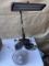 Tall brown metal work lamp, black metal work lamp, table fan