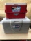 Red and grey Coleman coolers