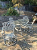 Rectangle glass top metal patio table, off white with four patio chairs